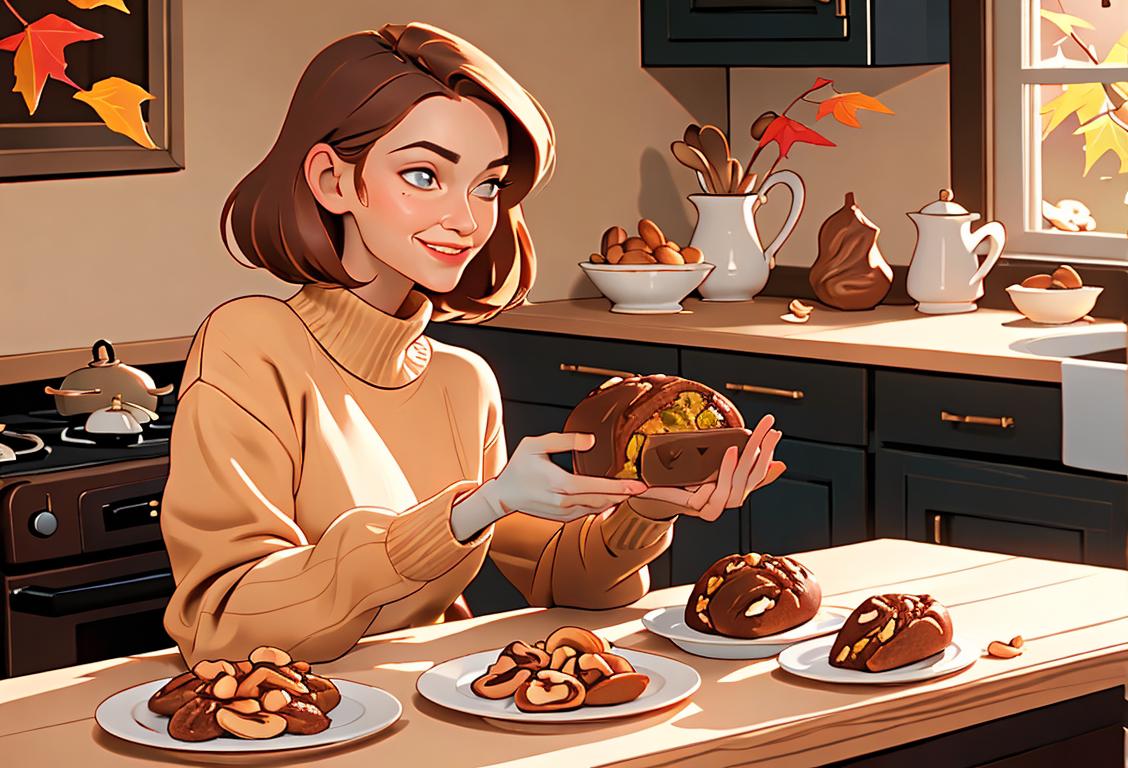 Joyful person holding a loaf of date nut bread, wearing a cozy sweater, surrounded by autumn leaves and a warm, inviting kitchen..