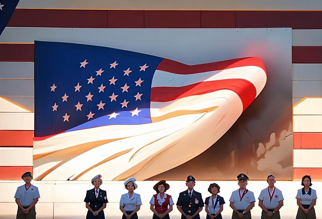 A group of diverse people standing in front of a memorial wall, wearing patriotic outfits, with the American flag in the background..