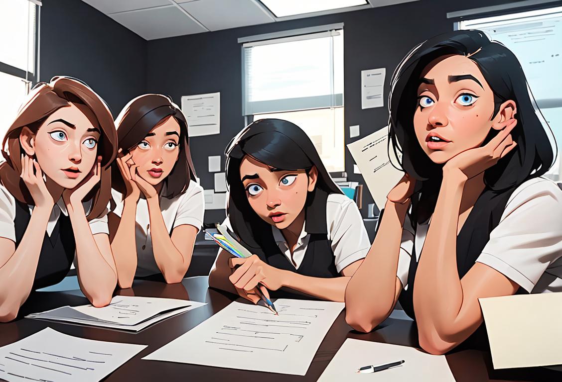 A group of diverse professionals in an office setting, each holding a piece of paper with a beautifully written poem, showcasing creativity in the workplace..