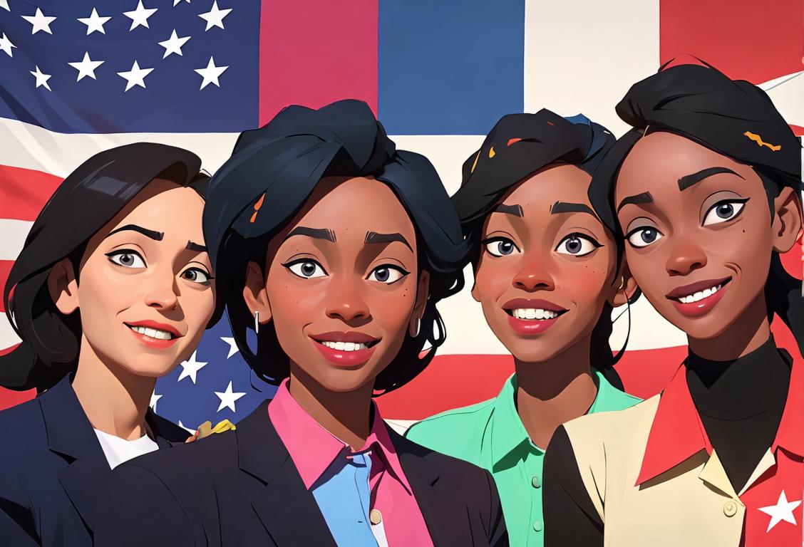 Smiling group of diverse individuals, wearing a variety of colorful shirts, outside a polling station surrounded by campaign posters and American flags..