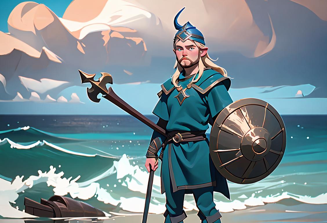 Young man holding a Viking helmet, standing near a ship on a clear blue ocean, Scandinavian landscape in the background..