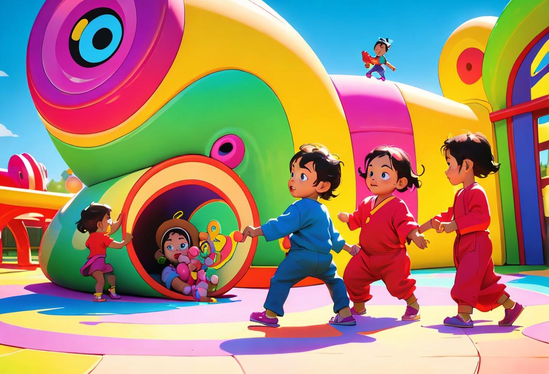 A group of diverse children playing with colorful toys, surrounded by a vibrant playground and wearing different costumes representing different cultures..