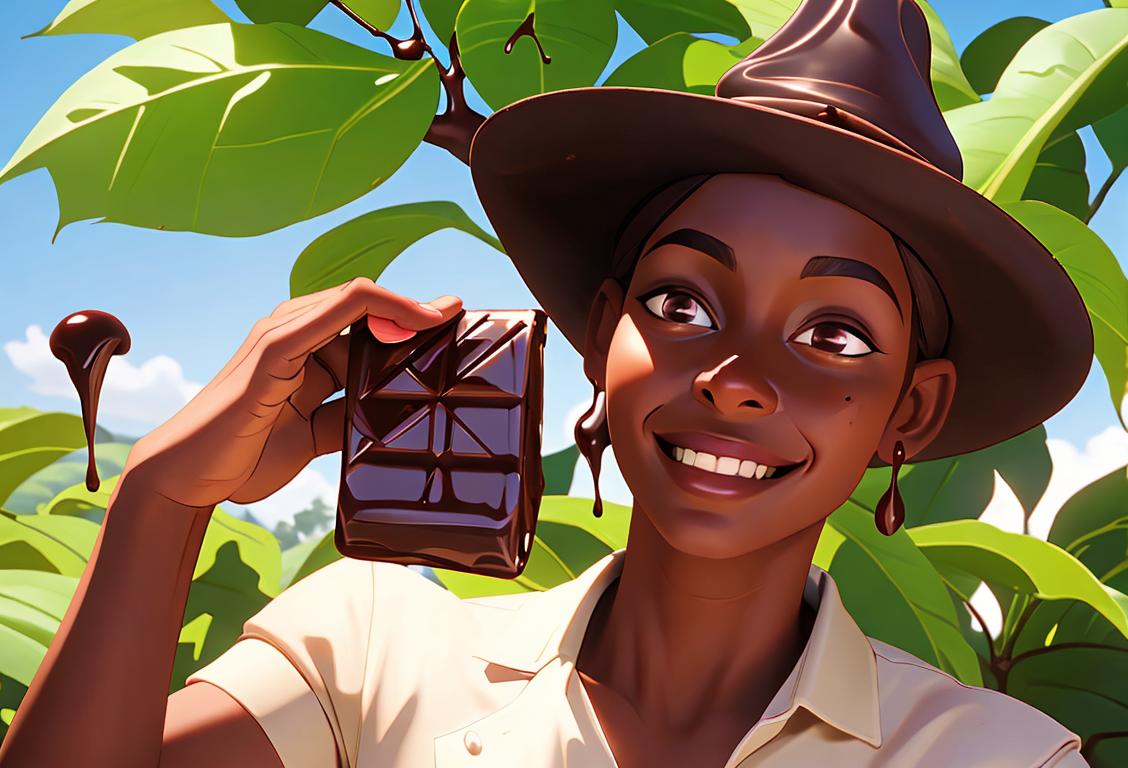 A joyful person holding a chocolate bar, wearing a chef's hat, surrounded by a cocoa bean plantation..