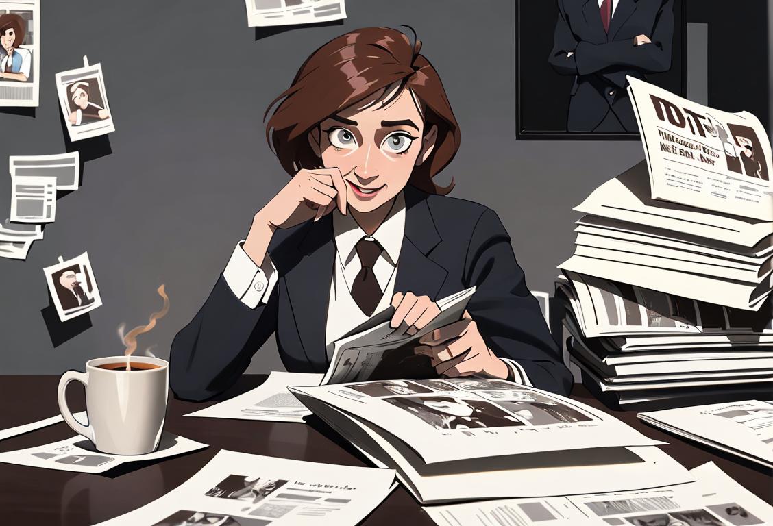 Happy journalist typing on a laptop, wearing a pressed business suit, surrounded by newspapers and coffee mugs..