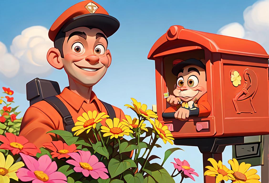 Smiling postman wearing a crisp uniform, holding a package with care, surrounded by colorful flowers and friendly neighborhood setting..