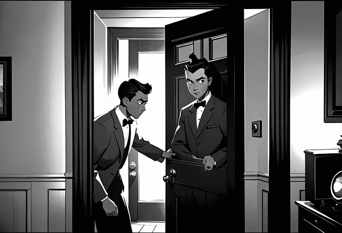 Young man opening a door to a mysterious, dimly-lit room with a black and white TV, vintage fashion, 1950s living room setting..