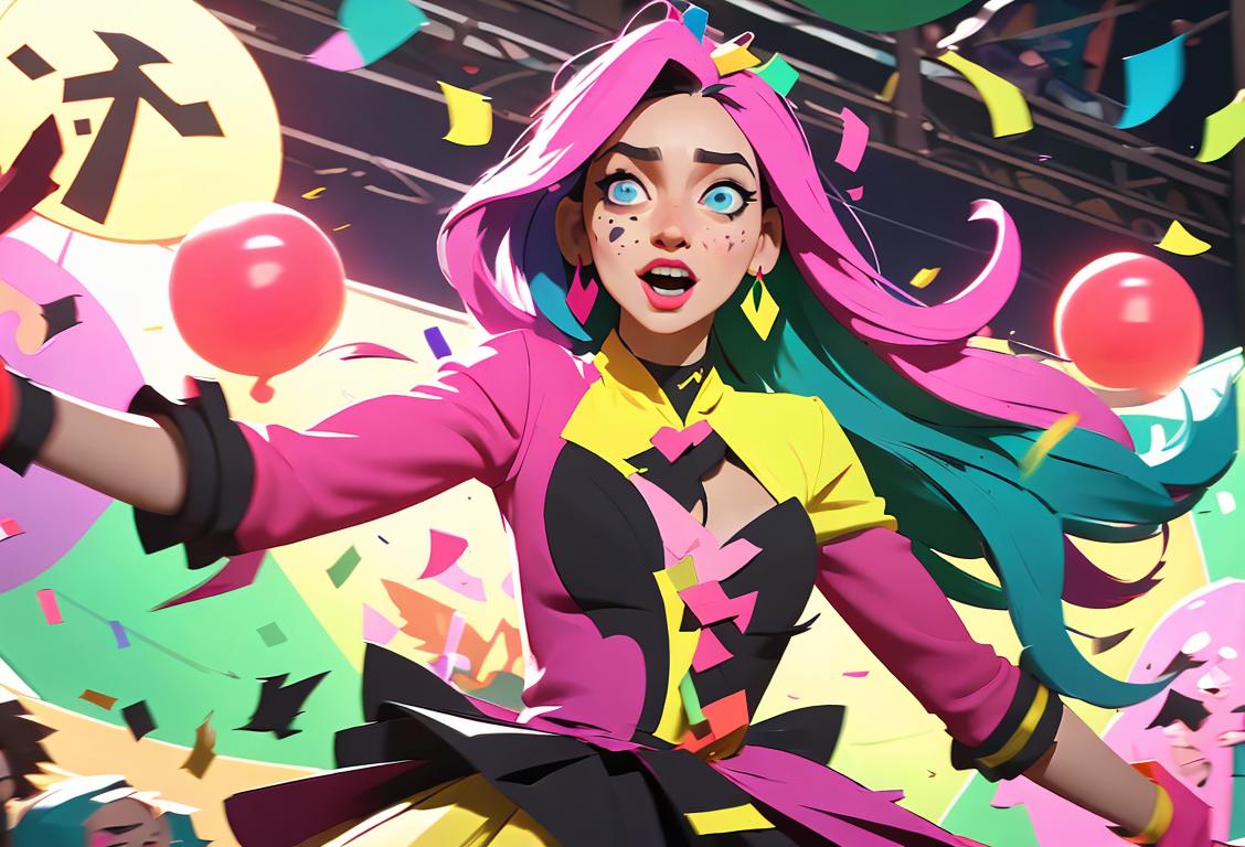 Vibrant chaos! Young woman in colorful outfit, surrounded by flying confetti, party scene with people dancing and lively atmosphere..