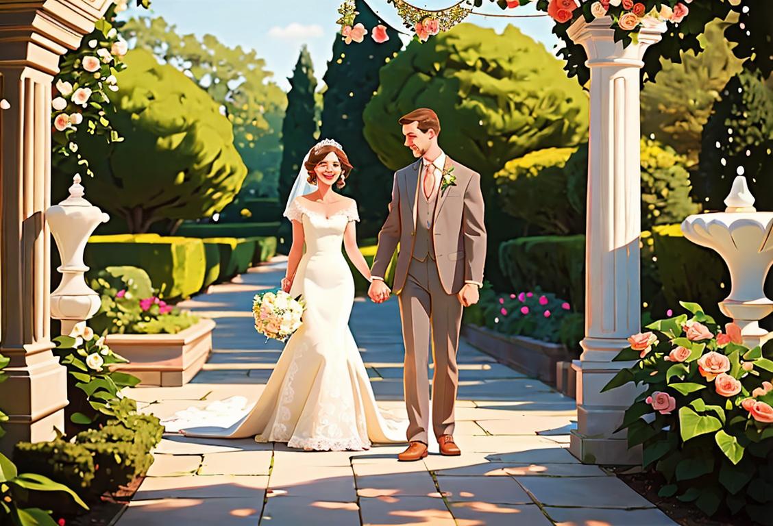Happy couple holding hands, dressed in wedding attire, vintage-themed decorations, garden setting..
