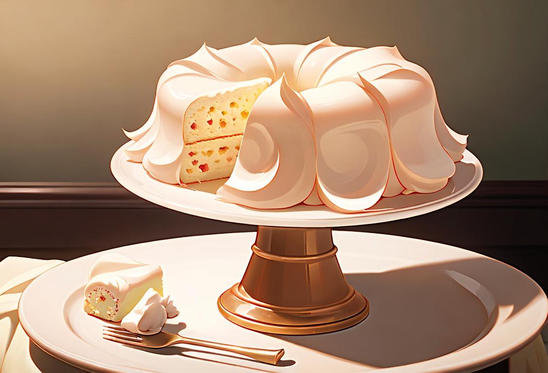 A joyful baker presenting a fluffy chiffon cake with delicate decorations, wearing a vintage apron, classic kitchen backdrop..