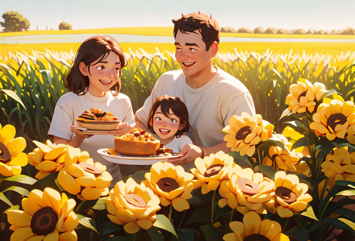 Happy family dressed in casual attire, surrounded by vast cornfields, celebrating National Iowa Day with homemade apple pie and laughter..