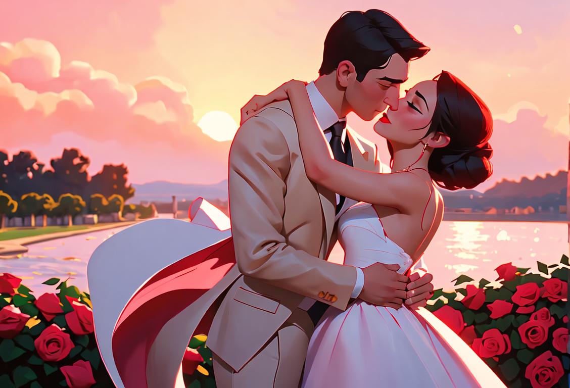 Happy couple in a romantic embrace, dressed in elegant attire, surrounded by roses and a beautiful sunset backdrop..