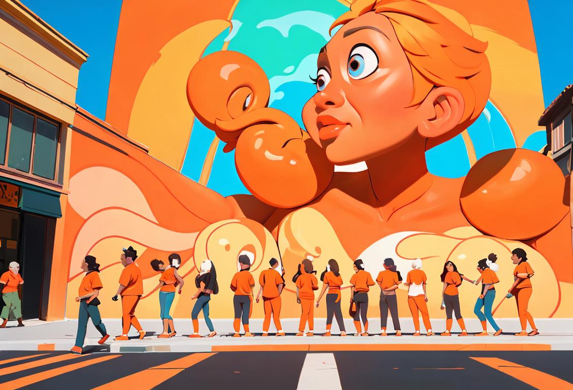 A diverse group of people, wearing orange clothes, painting colorful murals together in a bustling city street..