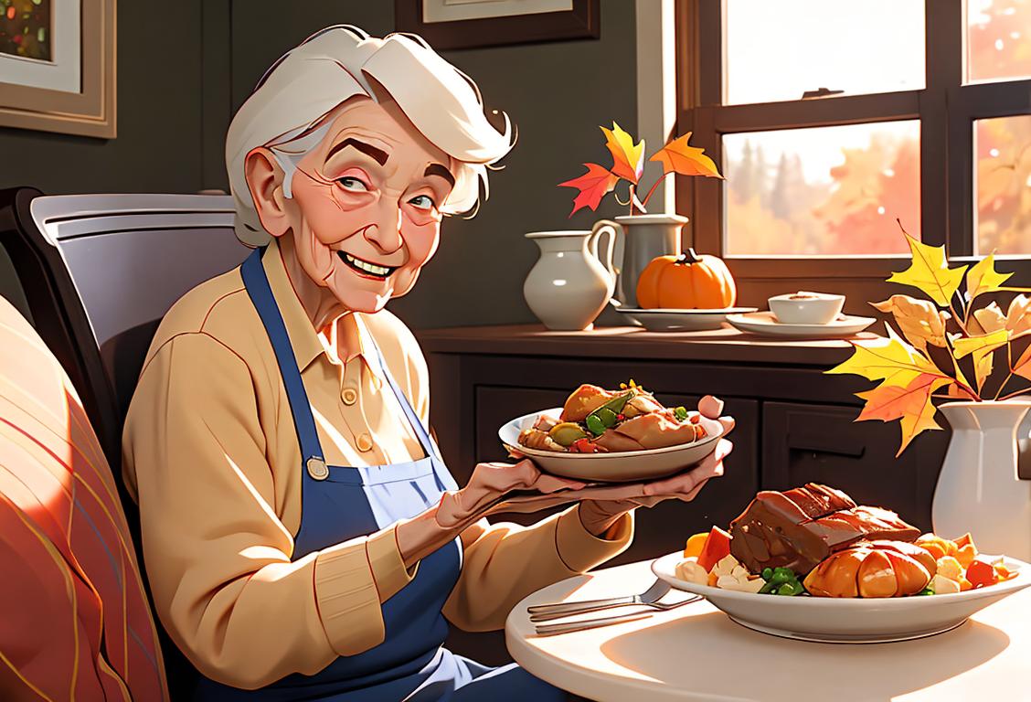 Elderly person wearing a Meals on Wheels apron, delivering a warm meal to a smiling, appreciative individual in a cozy home setting, autumn vibe..