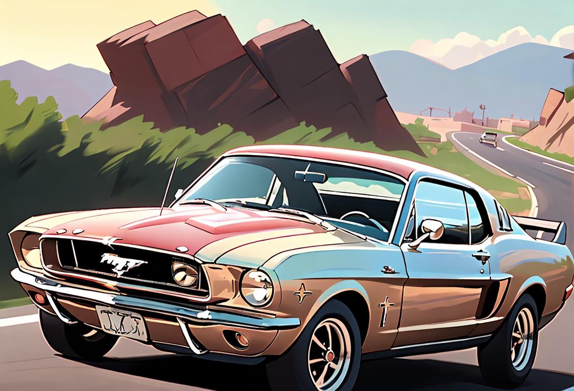 Recreate that iconic Mustang moment! A cool driver, wearing aviator sunglasses, 60s fashion, cruising on an open road..