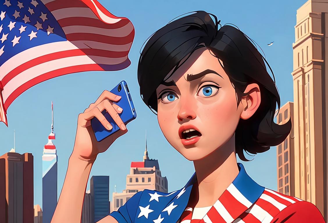 Young person excitedly typing a tweet on their phone, wearing patriotic colors, bustling city background with American flags flying..