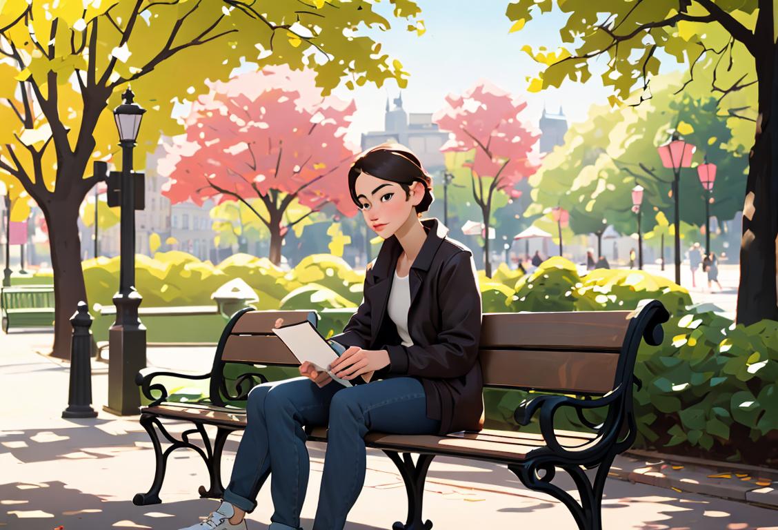 A person sitting on a park bench, dressed in trendy casual clothing, with a book in hand, looking relaxed and content while waiting..