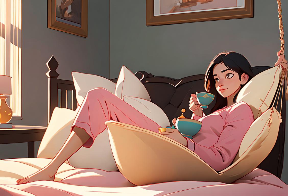 A cozy scene with a person lounging on a hammock, wearing comfortable pajamas, surrounded by pillows and blankets, with a warm cup of tea nearby..