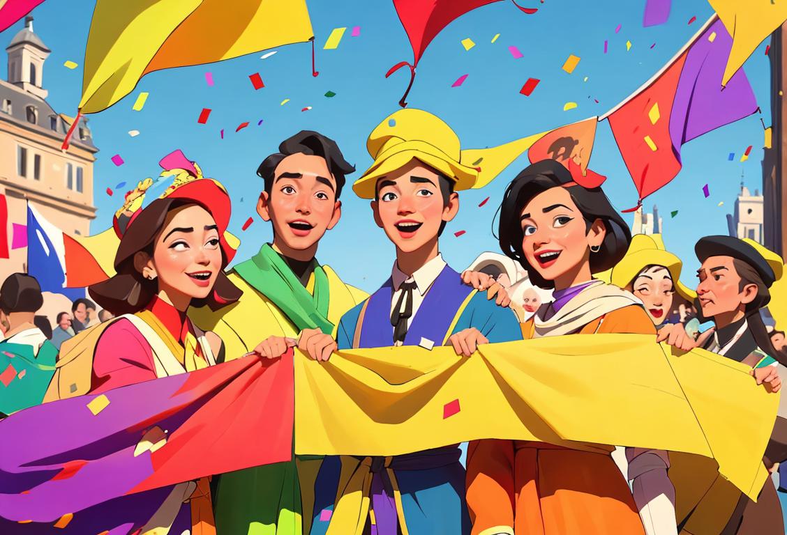 A group of diverse individuals, each wearing clothes that represent a different era of fashion, happily celebrating the letter 'g' with colorful banners and confetti in a vibrant city square..