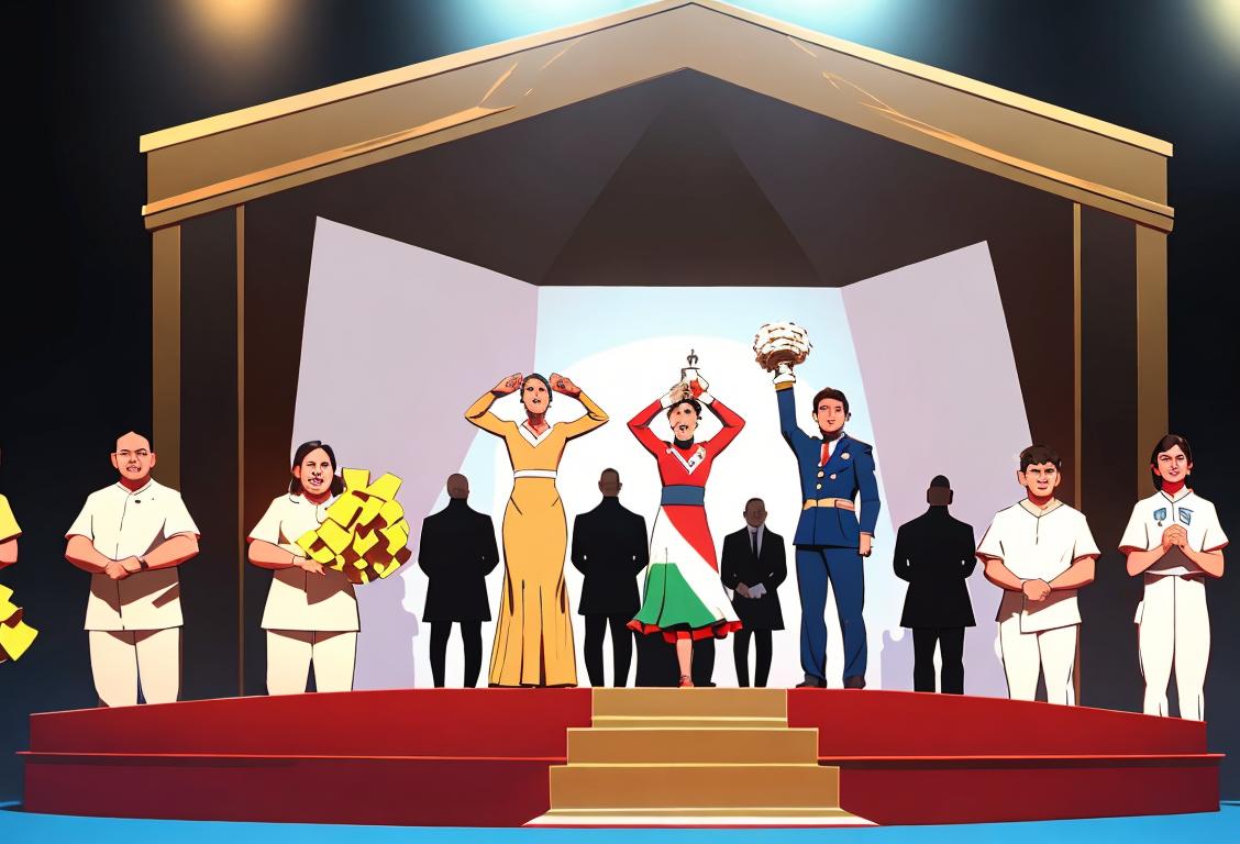 A group of diverse individuals standing on a podium, wearing different attire representing various fields of excellence, surrounded by cheering crowds..