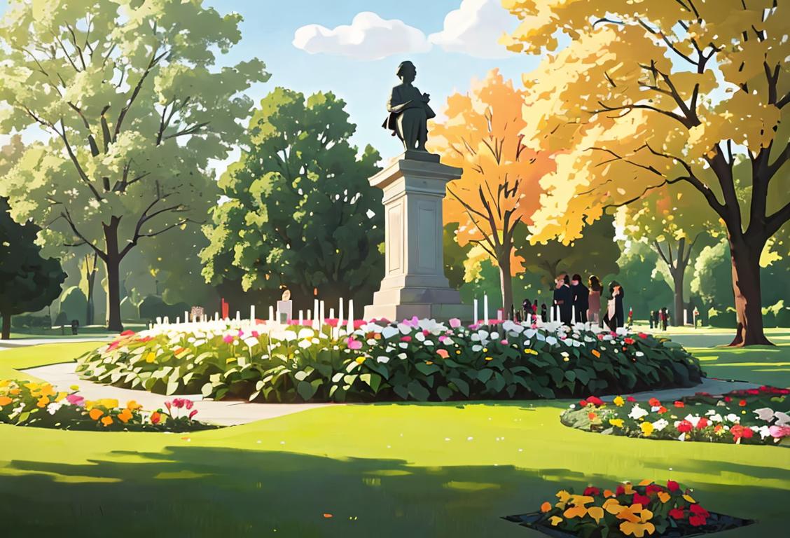 Group of people gathering at a memorial site, holding candles, wearing casual clothes, park setting with flowers and trees..