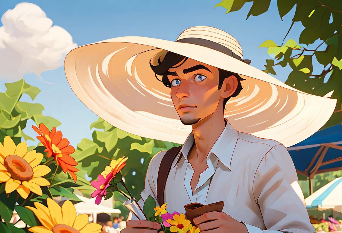 Young man wearing a wide-brimmed straw hat, holding a bouquet of flowers, strolling through a vibrant summer farmers market..