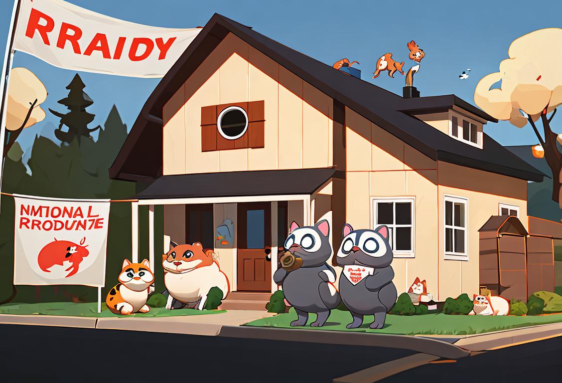 Cute cartoon animals wearing safety helmets, standing outside a cozy suburban home, with a banner saying 'National Animal Disaster Preparedness Day'..