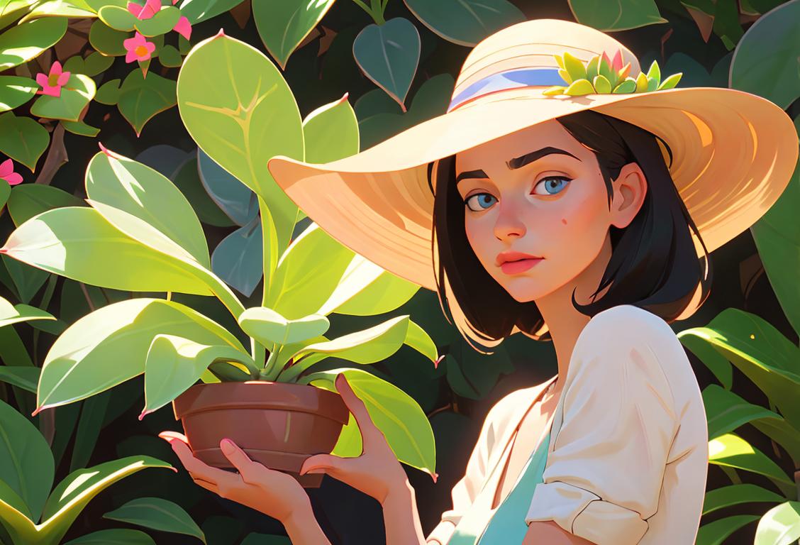 Young adult holding a succulent plant, wearing a sun hat, in a colorful garden setting..