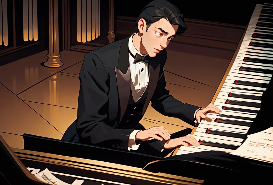 Young man playing a grand piano, wearing a tuxedo, elegant musical concert setting, with organs as a backdrop..
