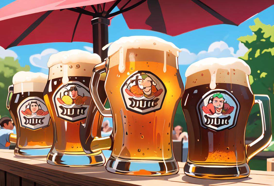 Group of friends clinking beer mugs, wearing casual summer outfits, in a vibrant outdoor beer garden..