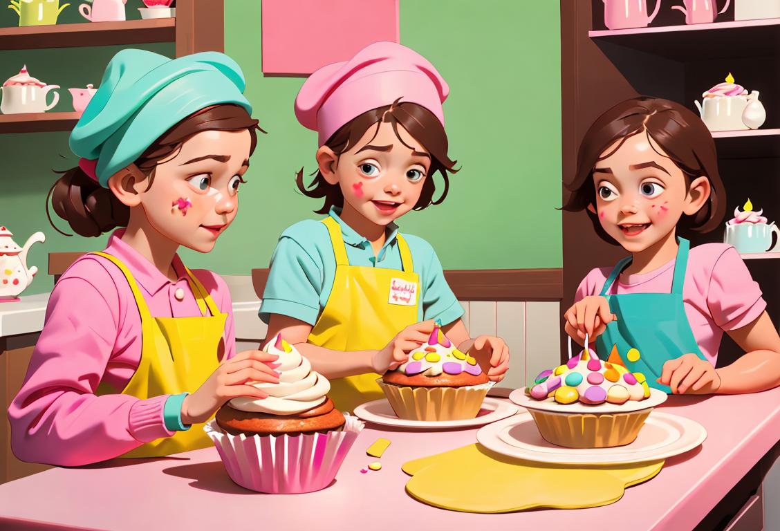 Joyful children baking mini cupcake cakes in a cozy kitchen, wearing colorful aprons and chef hats, surrounded by sprinkles and frosting..