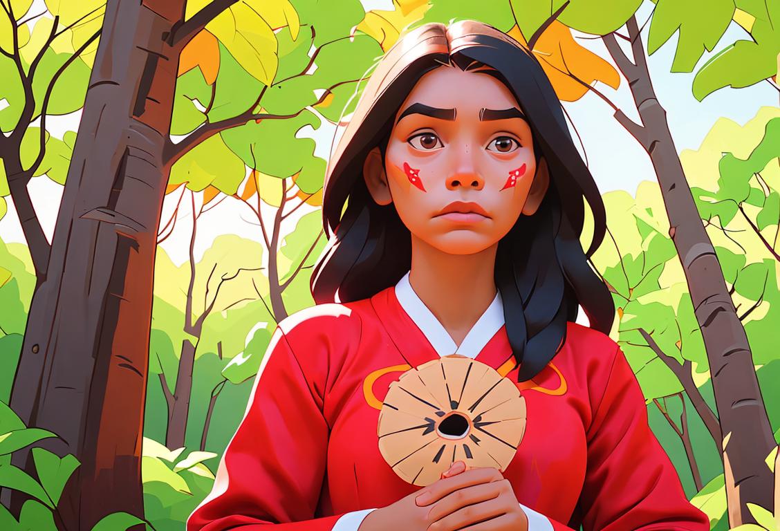 Young woman wearing traditional indigenous clothing, surrounded by nature, holding a red dress, symbolizing National Missing and Murdered Indigenous Women and Girls Day..