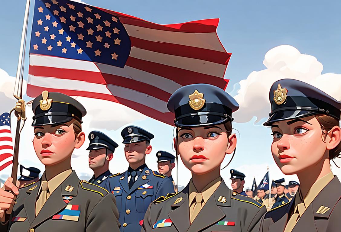A group of National Guard members in uniform, posing with American flags, in a patriotic parade..
