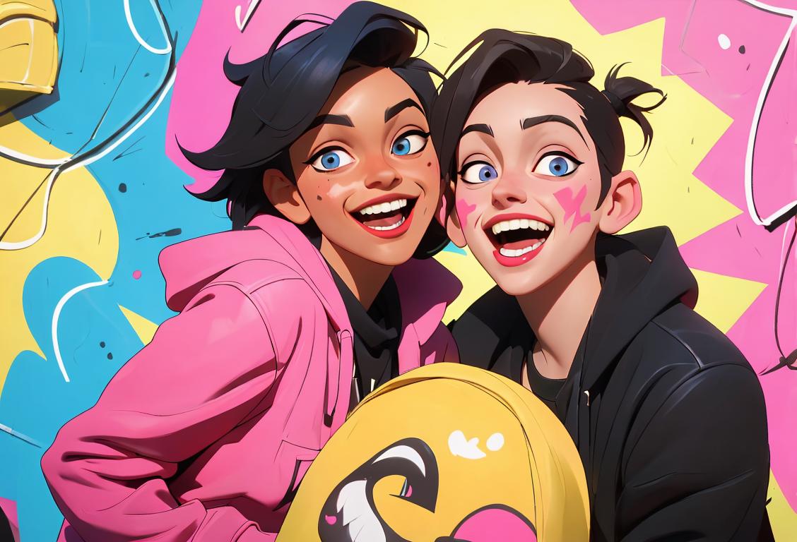 Two friends laughing and having fun, dressed in trendy outfits, urban street scene with colorful graffiti in the background..