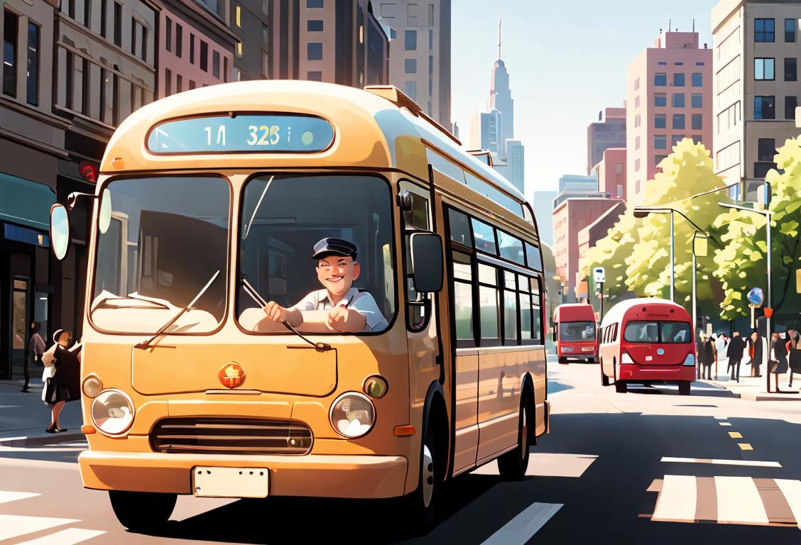 A friendly transit driver in uniform smiling while operating a bus amidst a bustling city street, with diverse passengers onboard..