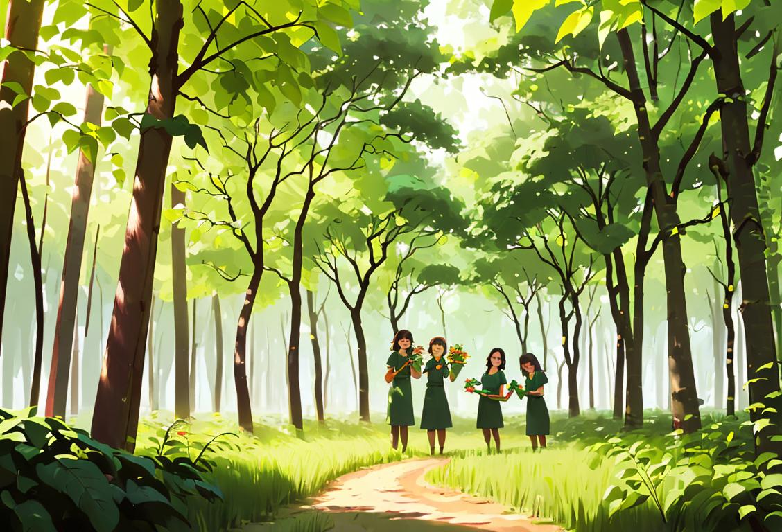 Group of smiling people, wearing gardening gloves and holding saplings, planting trees in a lush green forest..