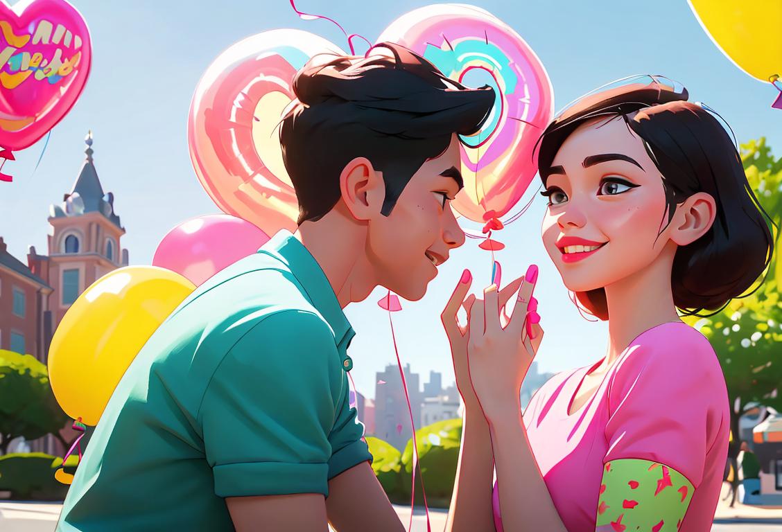 Two young people exchanging sweet and playful smiles, dressed in trendy modern fashion, urban park setting with colorful balloons in the background..