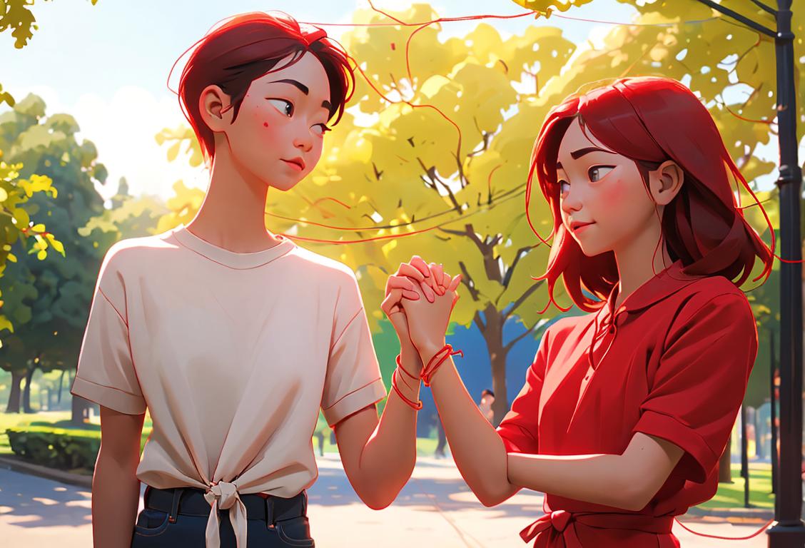 Young friends holding hands, tying red string bracelets. Casual outfits, sunny park setting..