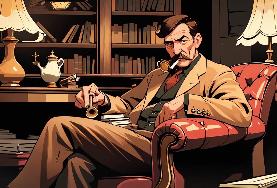 A mature man with a pipe, sitting in a cozy armchair, surrounded by vintage tobacco paraphernalia and books..