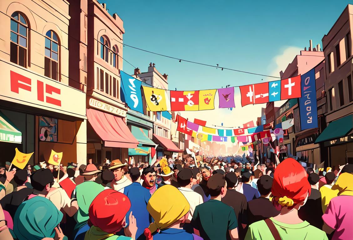 Vibrant crowd celebrating with colorful banners, wearing vintage clothing, urban street setting with historic landmarks in the background..