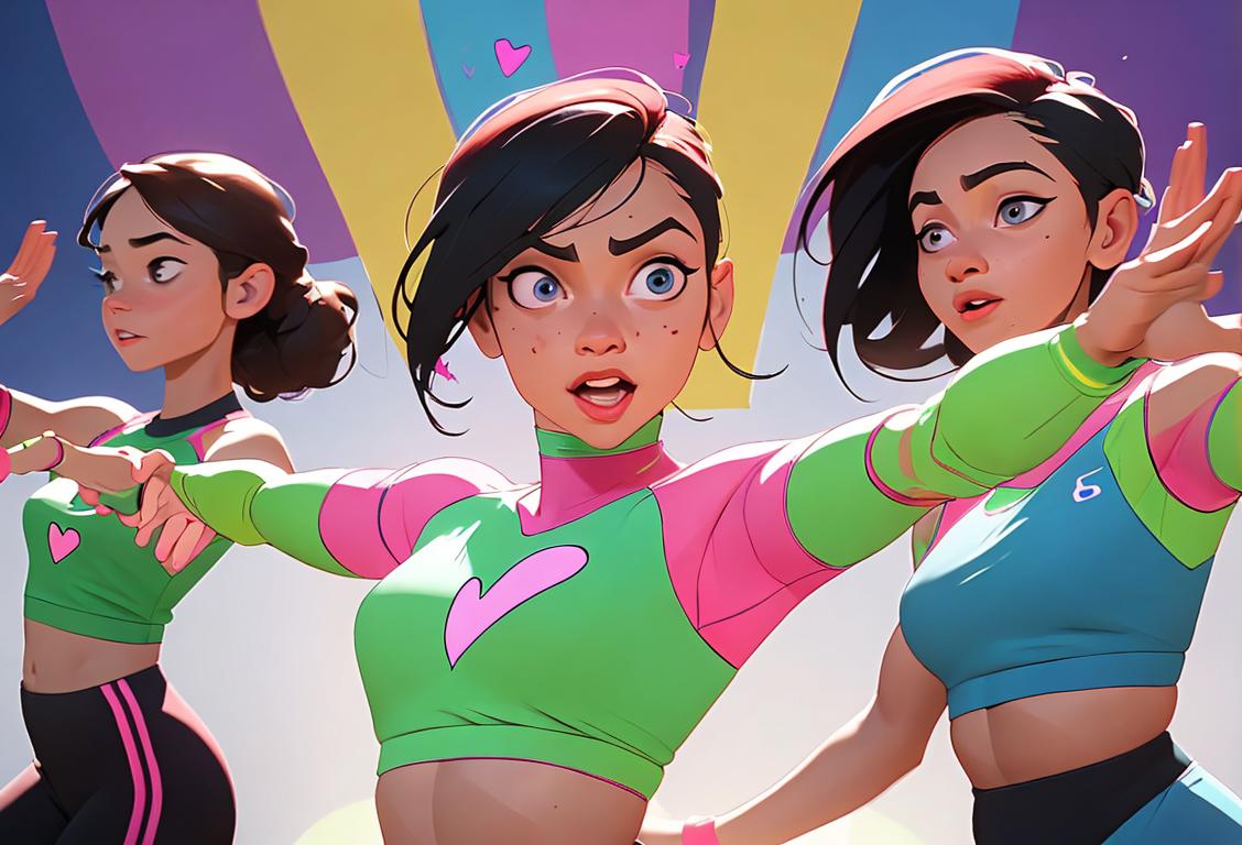 A group of diverse people wearing fitness clothing, dancing to a rhythmic beat with their heart-shaped hands raised high in celebration of National Pulse Day..