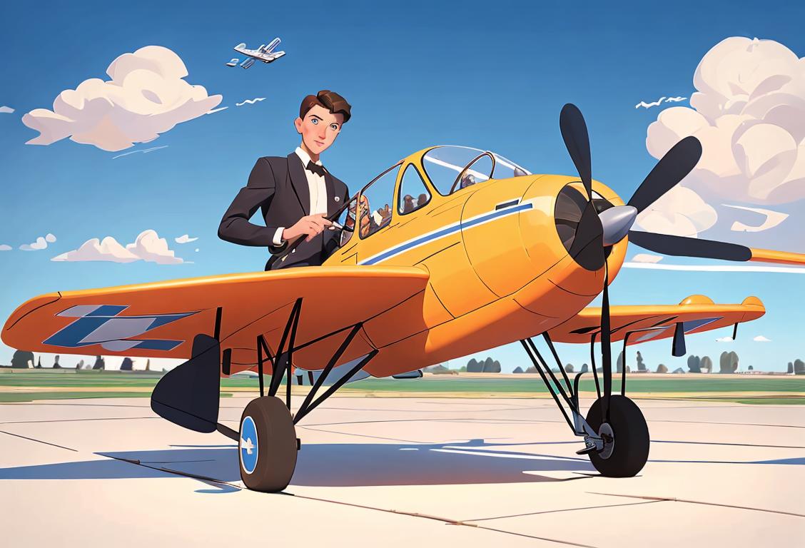 Young man in pilot outfit, holding a model airplane, surrounded by a picturesque field with blue skies above..