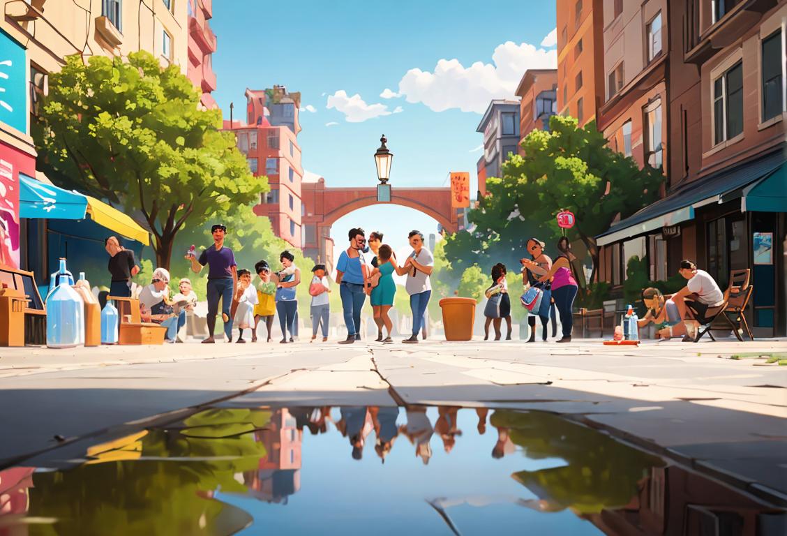 A group of diverse individuals handing out bottles of water, dressed in casual attire, vibrant urban setting..