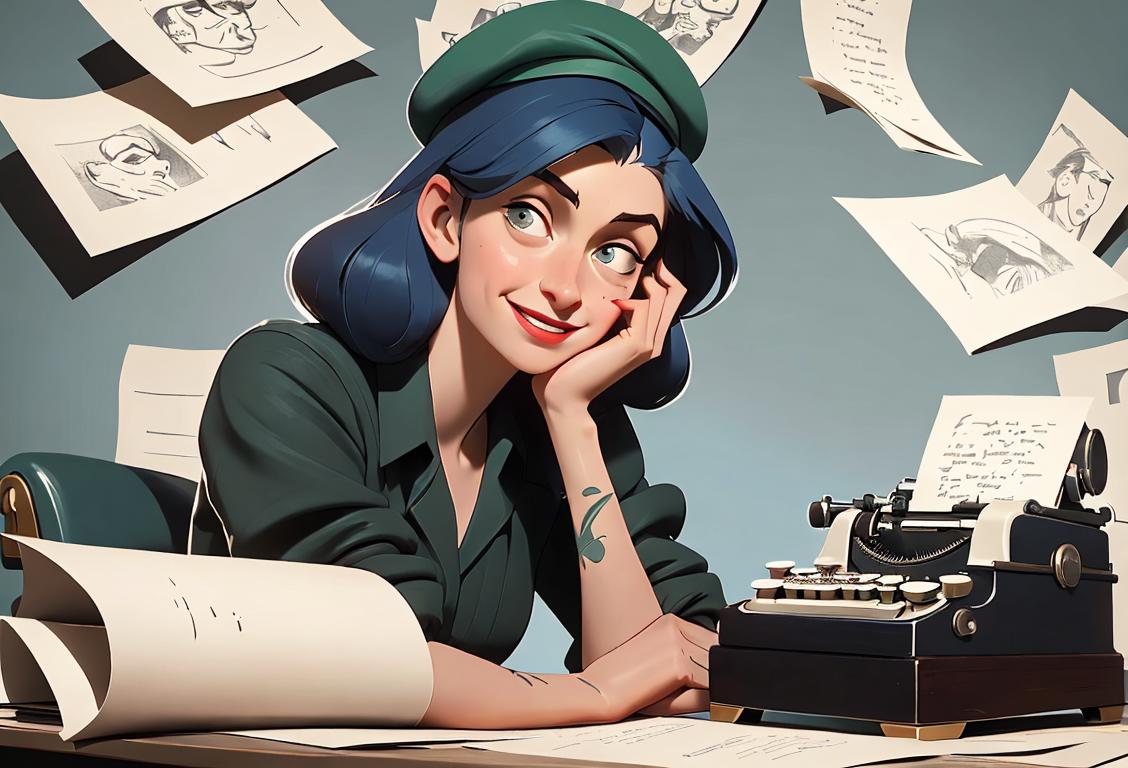 Young woman wearing a vintage beret, sitting at a typewriter, surrounded by crumpled paper, with sly smile on her face and poetry-themed tattoos peeking out from her sleeves.