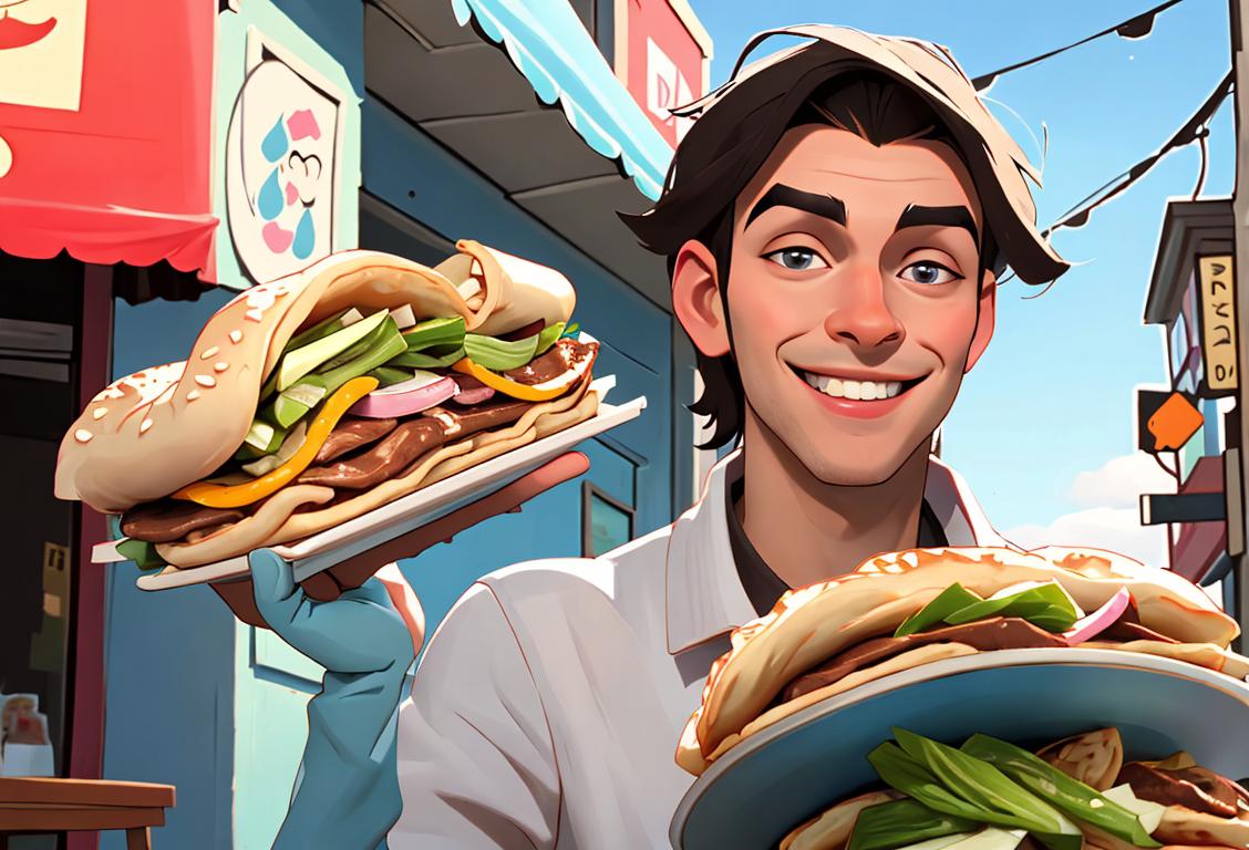 A smiling individual with a plate of donairs, enjoying the tasty treat, dressed in casual street fashion, urban setting..