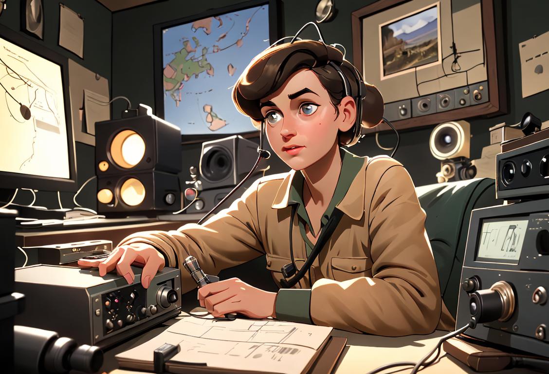 Amateur radio operator in a vintage-inspired outfit, holding a radio transmitter, surrounded by a cozy home setup..