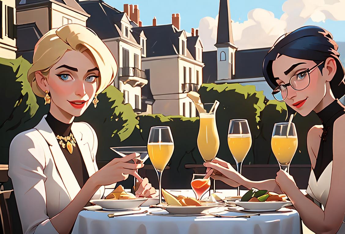 A group of friends clinking glasses, with elegant attire and a chic rooftop setting, capturing the joyful essence of National Anisette Day..