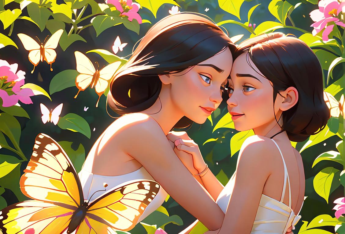 Two sisters joyfully embracing each other in a beautiful garden, wearing matching sundresses, filled with blooming flowers and butterflies..