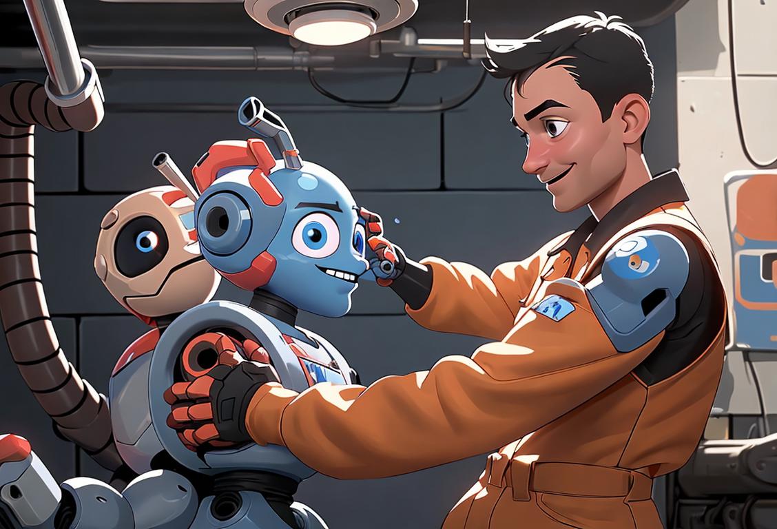 Happy HVAC technician wearing coveralls, holding a wrench and interacting with a friendly robot in a futuristic HVAC system..