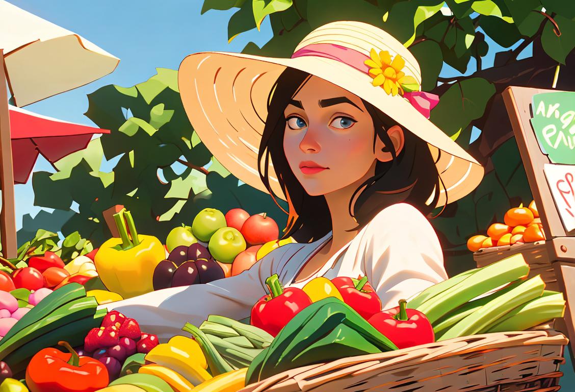 Young woman surrounded by baskets of colorful fruits and vegetables, wearing a sun hat, vibrant outdoor farmers market setting..