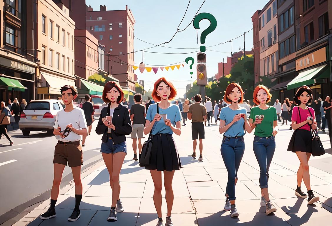 A group of people surrounded by question marks, wearing casual clothing, in a modern city setting..